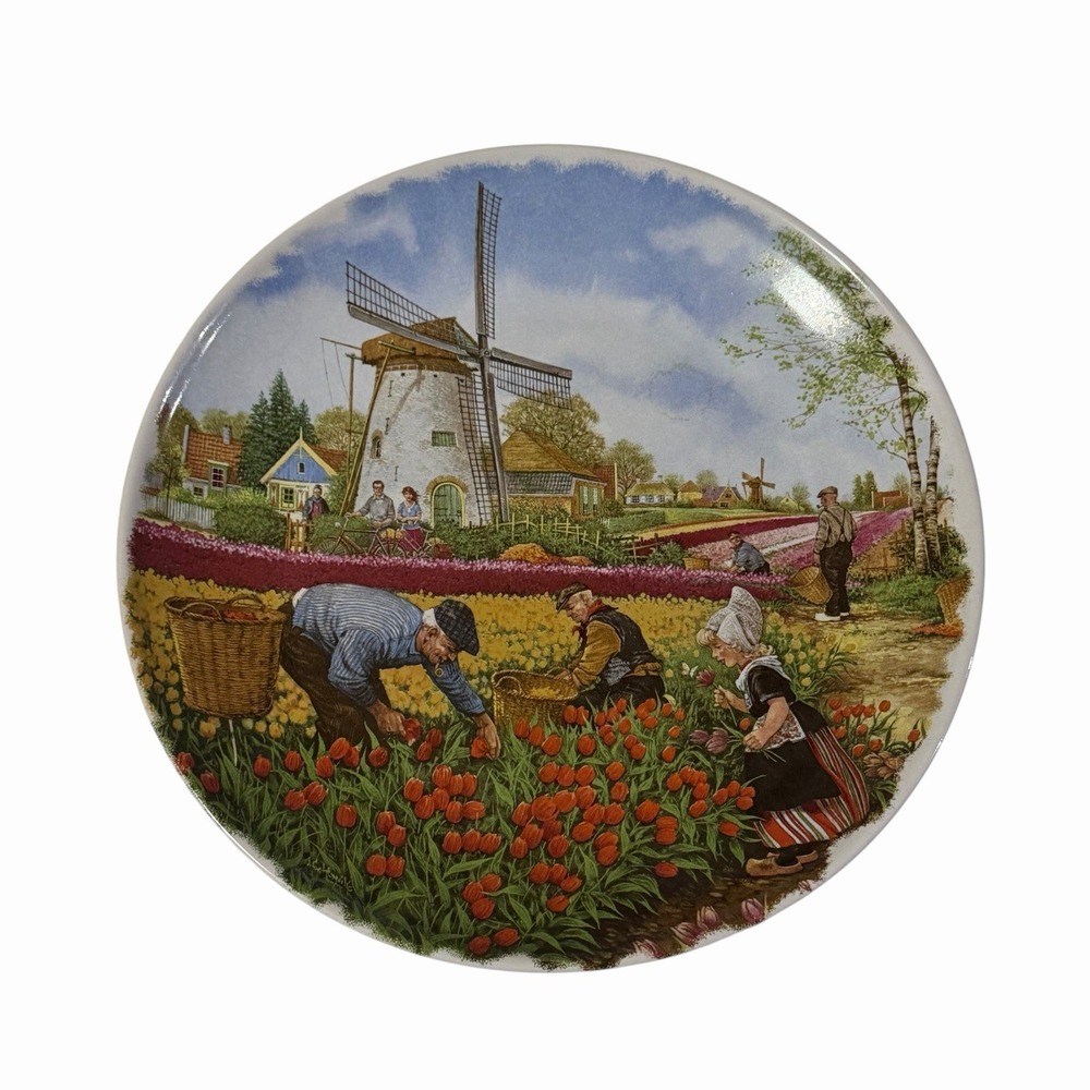 1984 Royal Schwabap Holland "Tulip Pickers & Windmill" 9.5" Collectors Plate